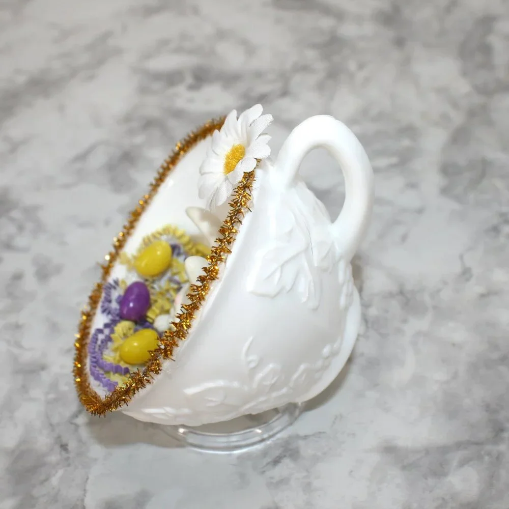 HAND CRAFTED Bunny White Cup Spring Decor Ornament Upcycled Cup Purple Easter